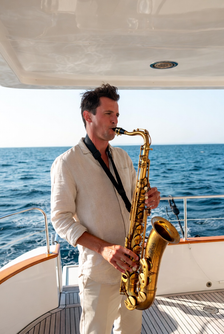 Live saxophone player performing on a yacht at sunset β Emerald Eyes Miami